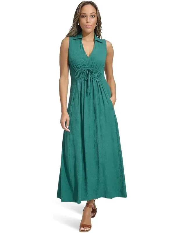 Gauze Dress Ruched Sleeveless Collared Preppy