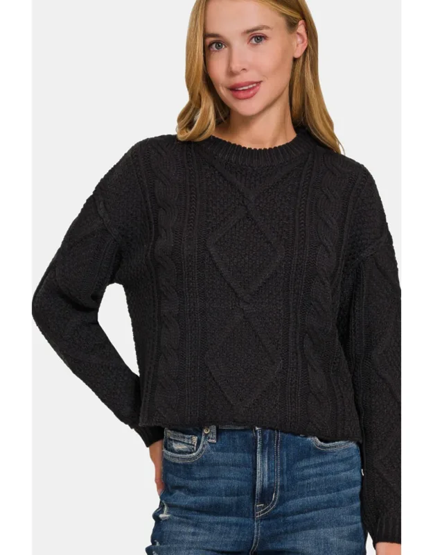 Cropped High Low Cable Sweater With Side Slits