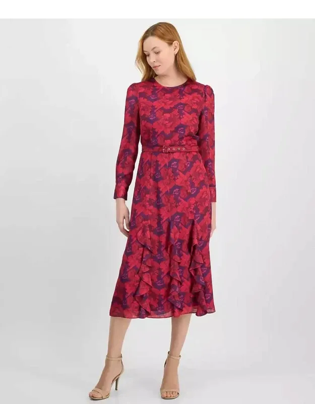 Midi Dress With Cascading Ruffles And Belted Waist