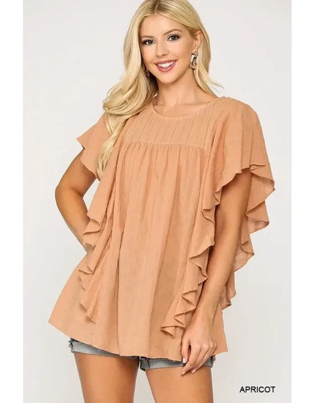 Textured Ruffle Sleeve Tunic Top With Back Keyhole