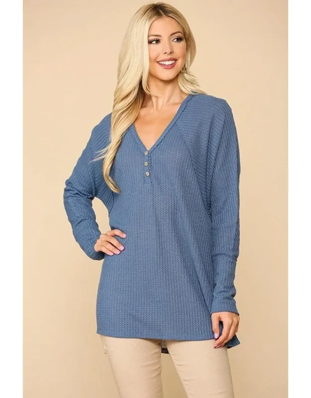 Waffle Knit And Woven Print Mixed Hi-low Flowy Tunic