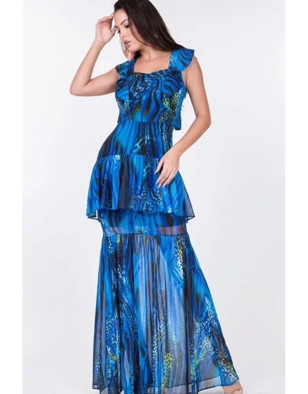 Ruffle Sleeve Tiered Bottom Print Long Dress
