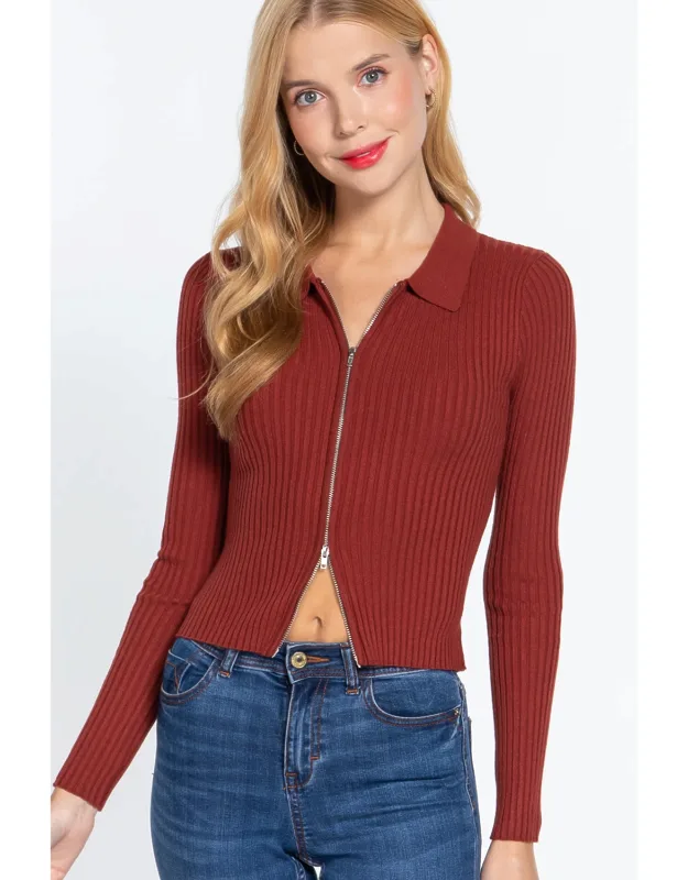 Notched Collar Zippered Sweater