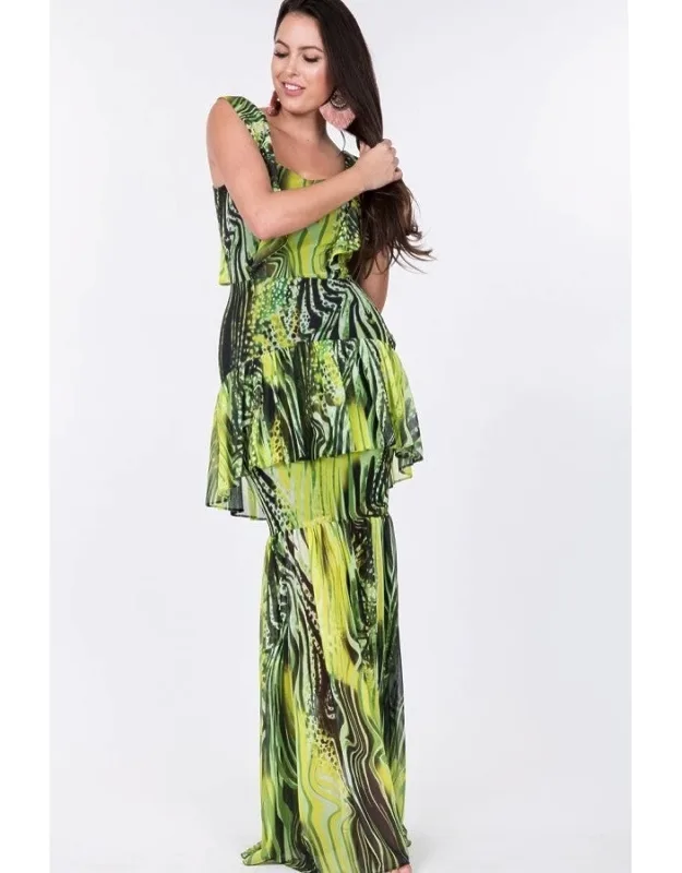 Ruffle Sleeve Tiered Bottom Print Long Dress
