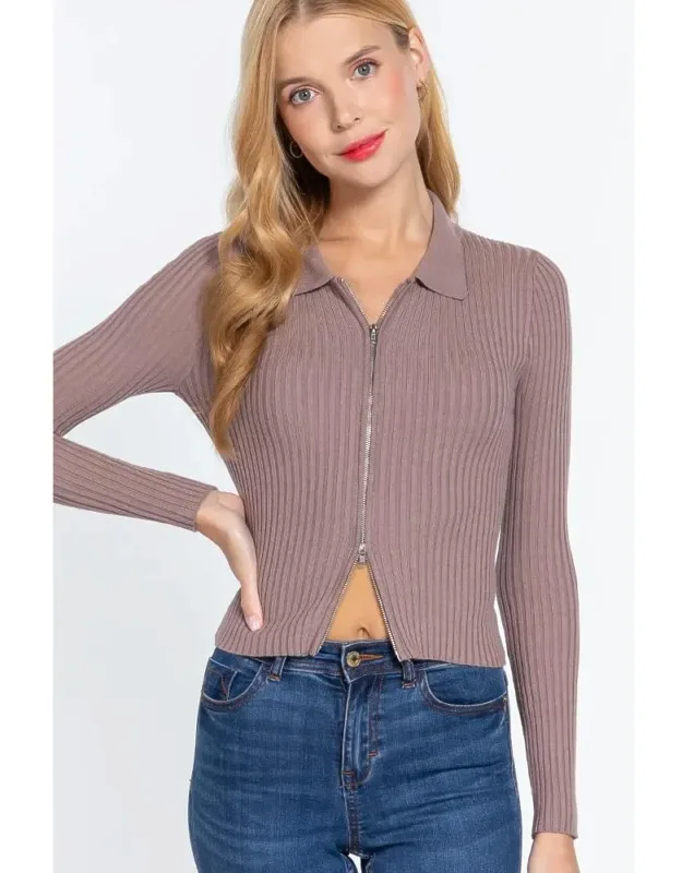 Notched Collar Zippered Sweater
