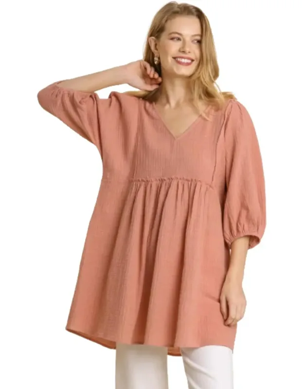 Gauze Slub V-neck Frayed Edge Detail Tunic Dress