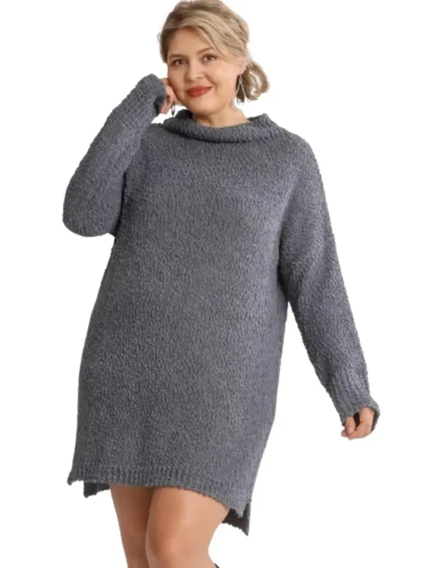 Cowl Neck Bouclé Long Sleeve Sweater Dress