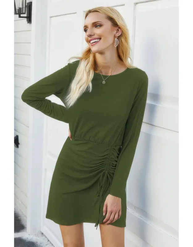 Solid Crew Neck High Waist Drawstring Dress
