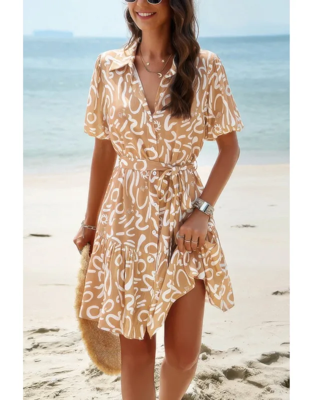 Random Print Button Down Belt Ruffle Midi Dress