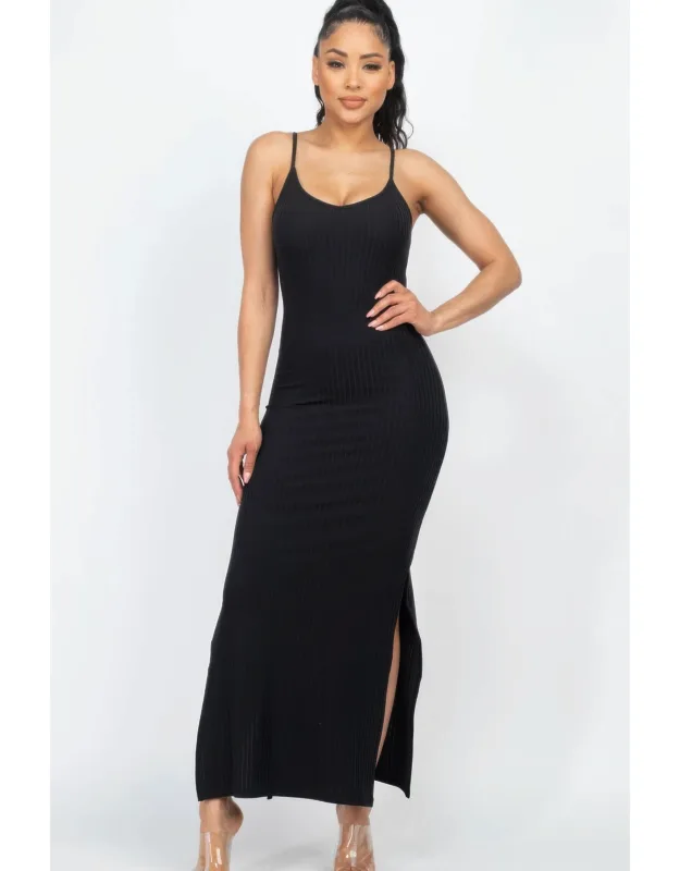 Ribbed Side Slit Long Cami Dress