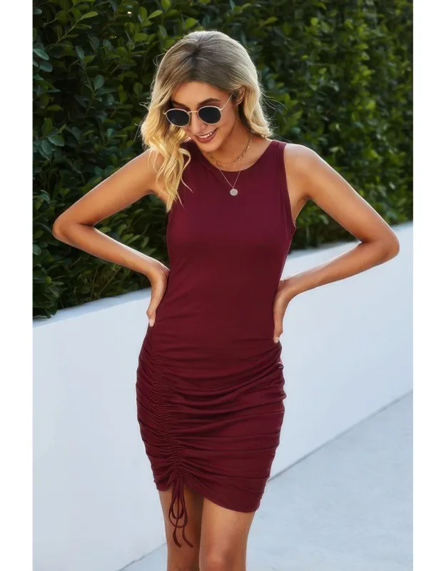 Ribbed Crew Neck Ruched Bodycon Tank Dress