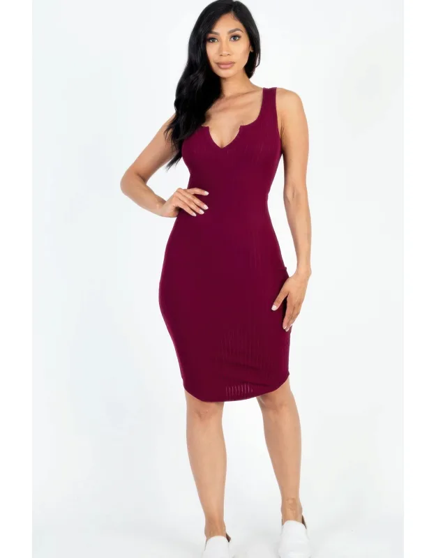 Casual Ribbed Split Neck Bodycon Dress