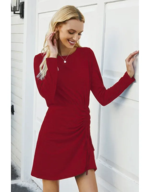 Solid Crew Neck High Waist Drawstring Dress