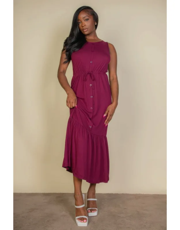 Button Front Tie Waist Sleeveless Maxi Dress