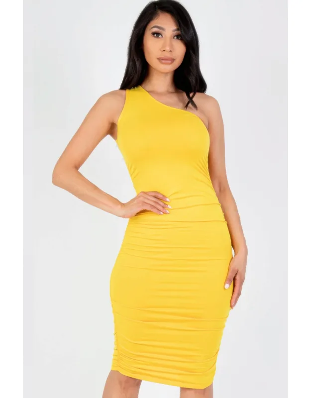 Sexy Solid Color Ruched One Shoulder Midi Bodycon Dress