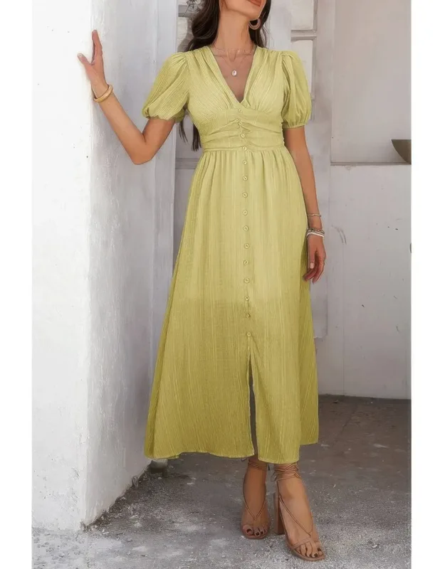 Solid V Neck Puff Sleeve Knot Detail Dress