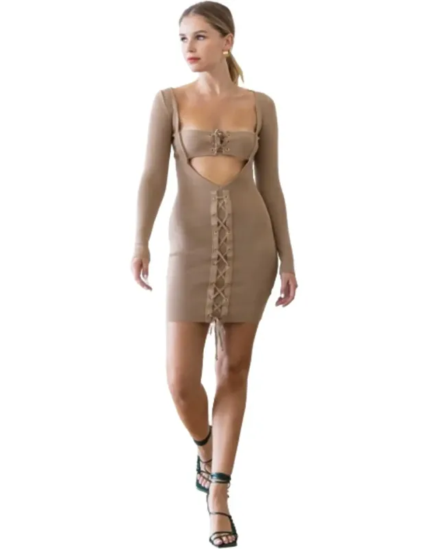 Knit Cut-out Bustier Top With Lace Down Detail Mini Dress