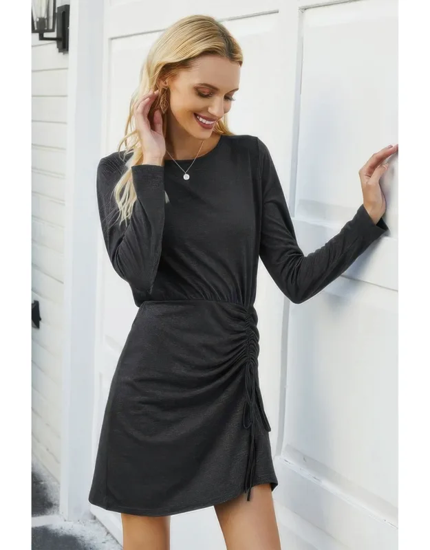 Solid Crew Neck High Waist Drawstring Dress