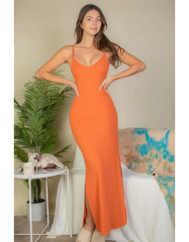 Ribbed Side Slit Long Cami Dress