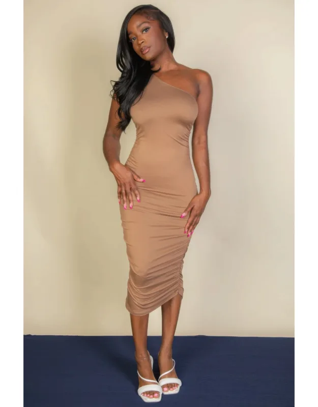 Sexy Solid Color Ruched One Shoulder Midi Bodycon Dress