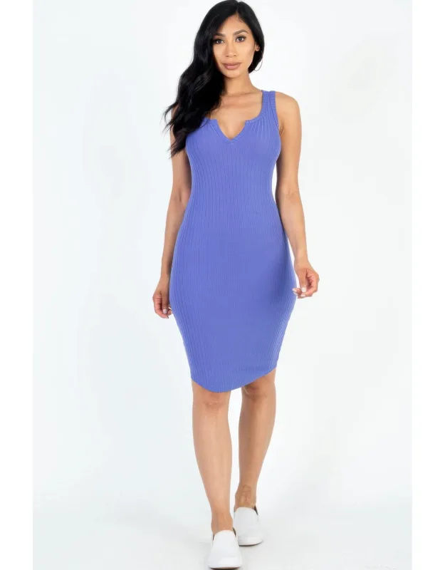 Casual Ribbed Split Neck Bodycon Dress