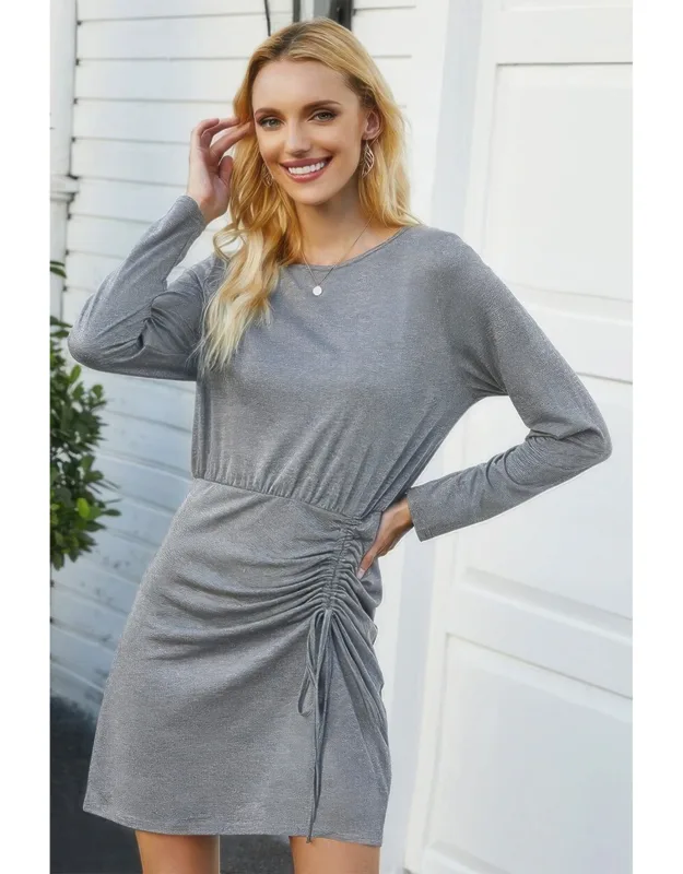 Solid Crew Neck High Waist Drawstring Dress