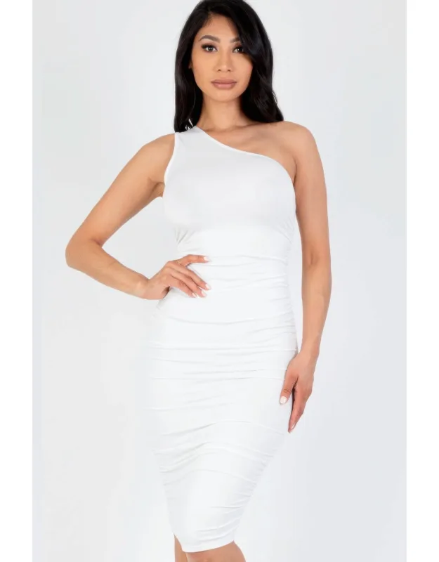 Sexy Solid Color Ruched One Shoulder Midi Bodycon Dress