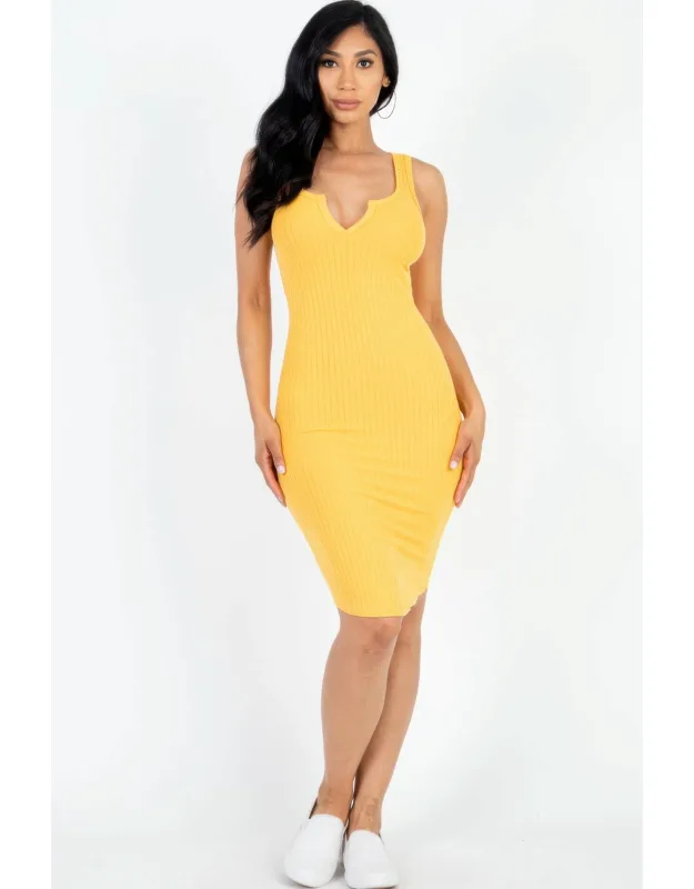 Casual Ribbed Split Neck Bodycon Dress