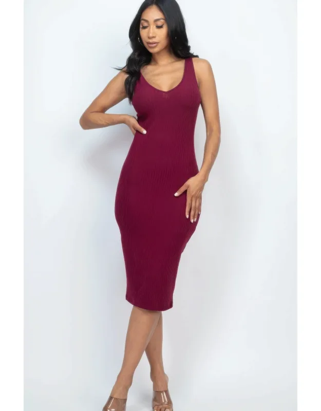 Ribbed Back Slit Bodycon Midi Dress