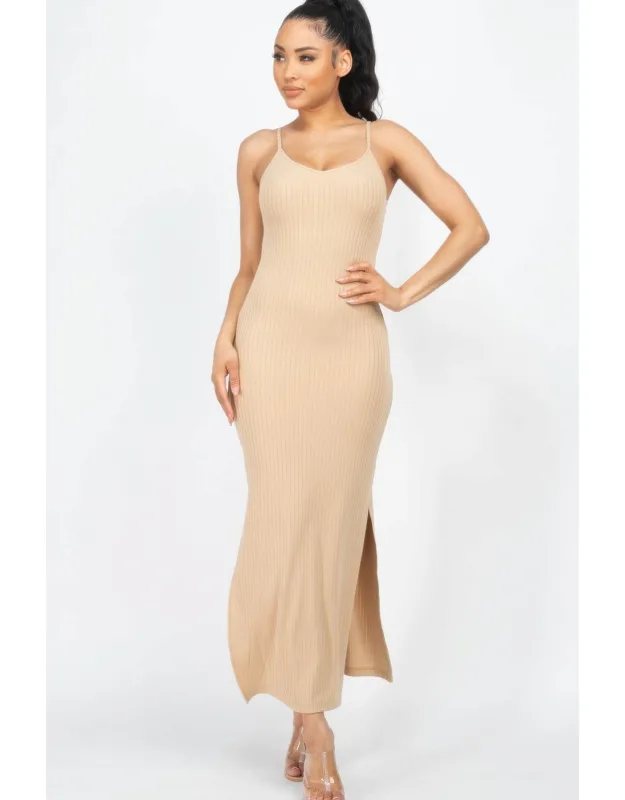 Ribbed Side Slit Long Cami Dress
