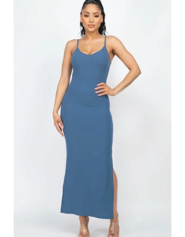 Ribbed Side Slit Long Cami Dress