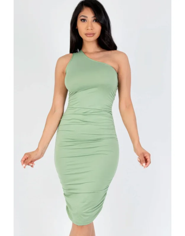 Sexy Solid Color Ruched One Shoulder Midi Bodycon Dress