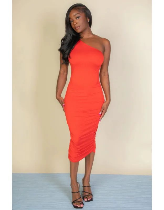 Sexy Solid Color Ruched One Shoulder Midi Bodycon Dress