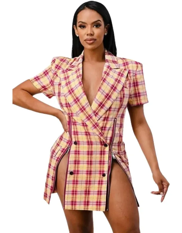 Wide Collared Double Breasted Plaid Blazer Mini Dress