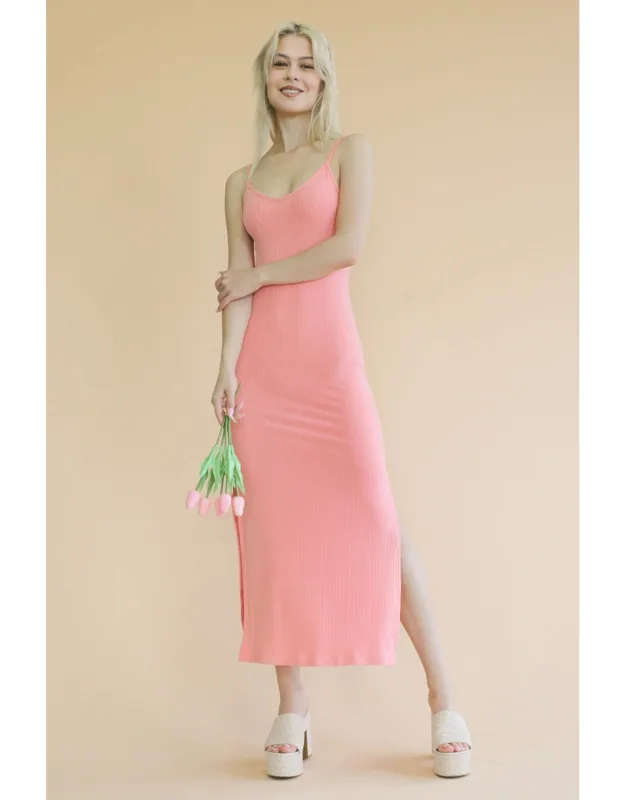Ribbed Side Slit Long Cami Dress