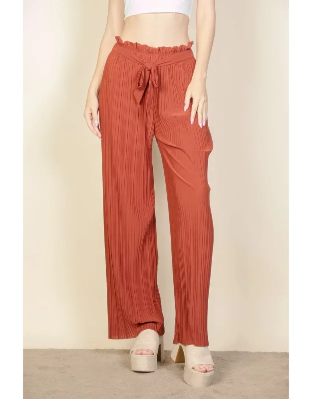 Pleated Stretch Crepe Pull-on Wide Leg Tie Front Pants