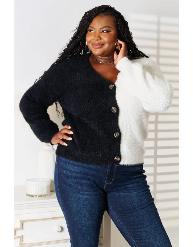 Contrast Button-front V-neck Cardigan