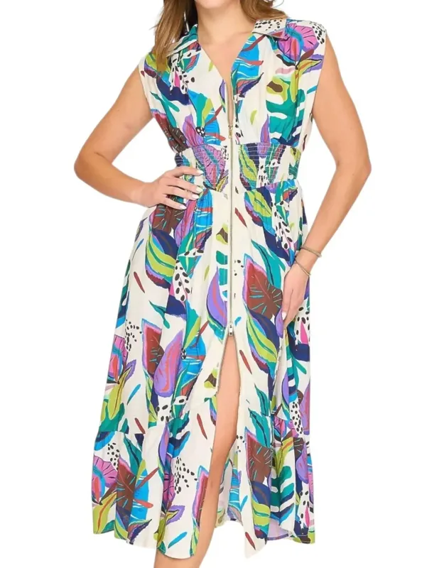 Leaf Print Collared Midi Dress