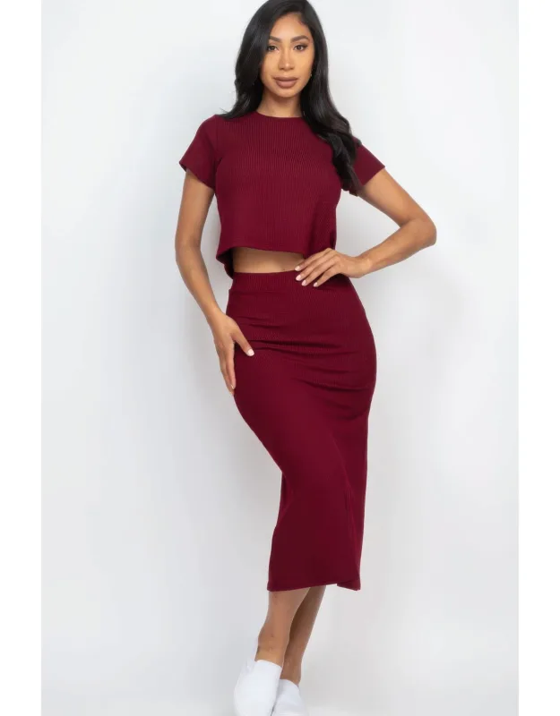 Short Sleeve Ribbed Top & Midi Skirt Set
