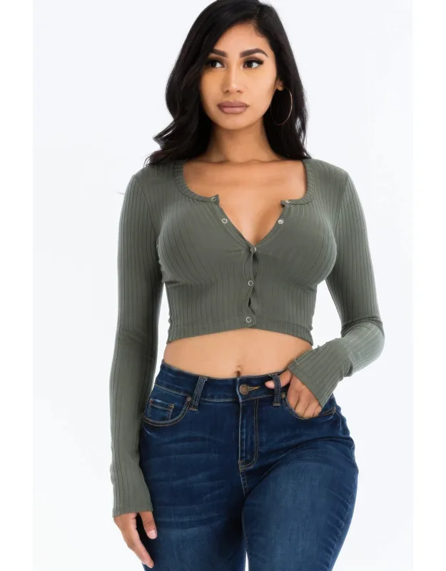 Ribbed Long Sleeve Snap Button Down Crop Top