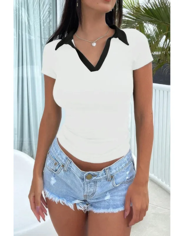 Color Block Polo Collar V Neck Slim Fit Shirt