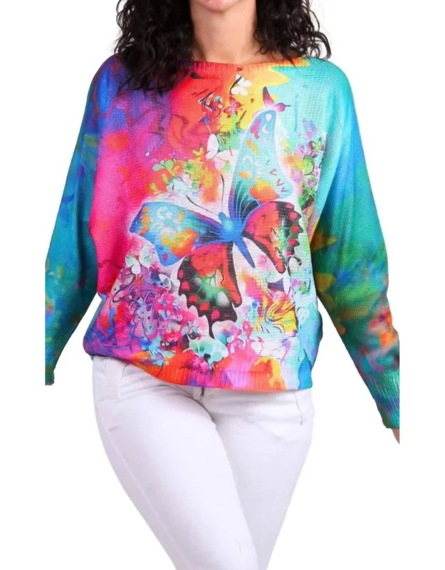 Daria Groovy Butterfly Print Batwing Sweater