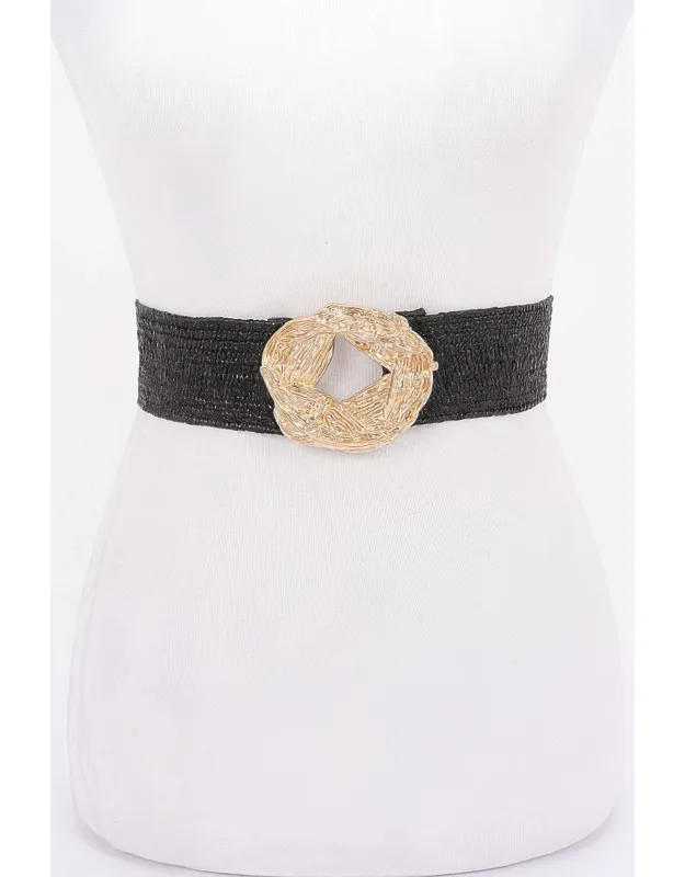 Metal Buckle Elastic Faux Straw Belt