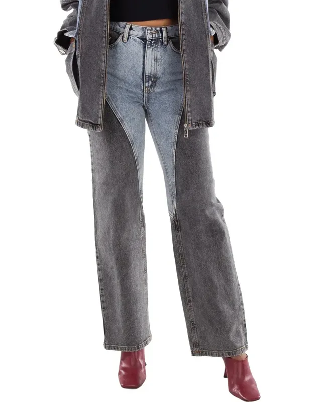 Medium Blue Denim Straight Patchwork Jeans