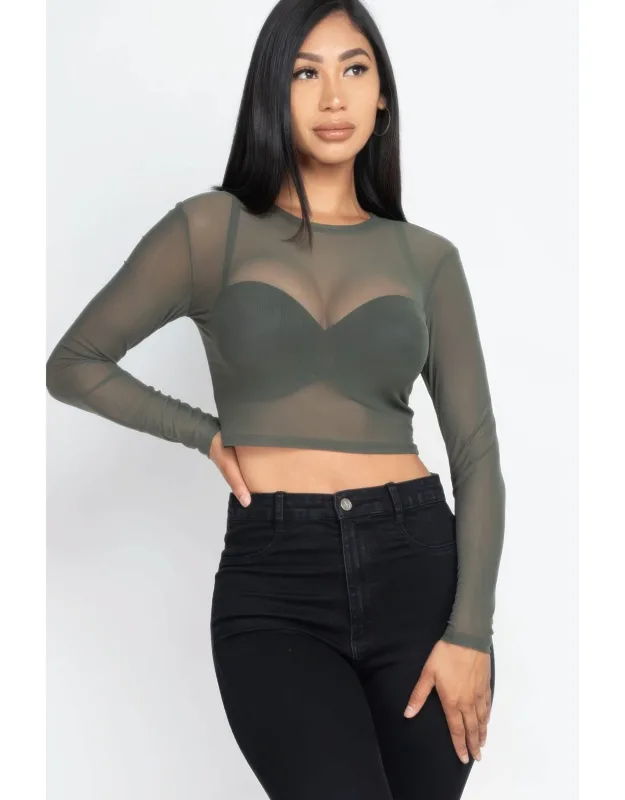 Sheer Mesh Long Sleeve Crop Top