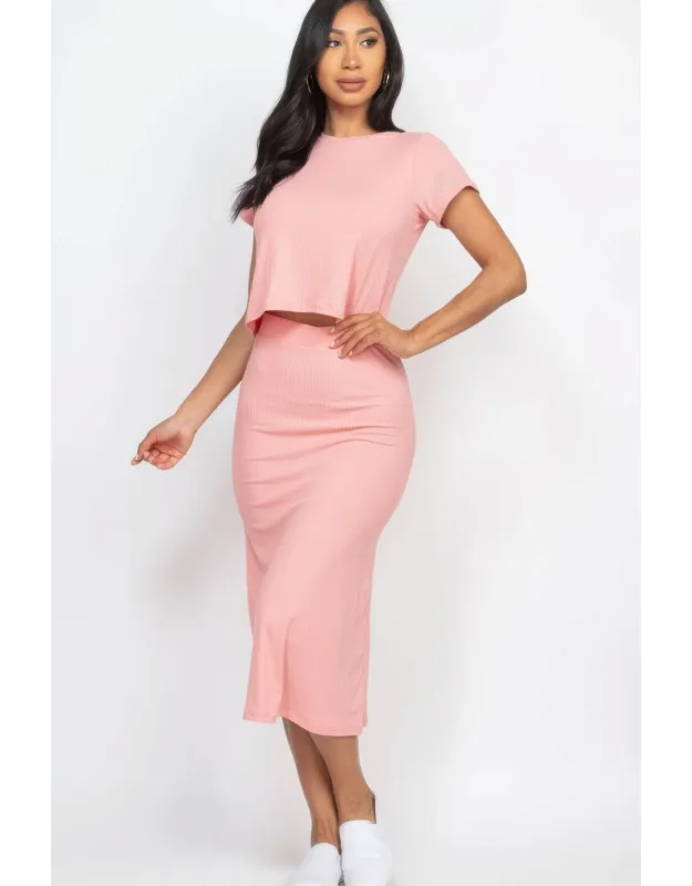 Short Sleeve Ribbed Top & Midi Skirt Set