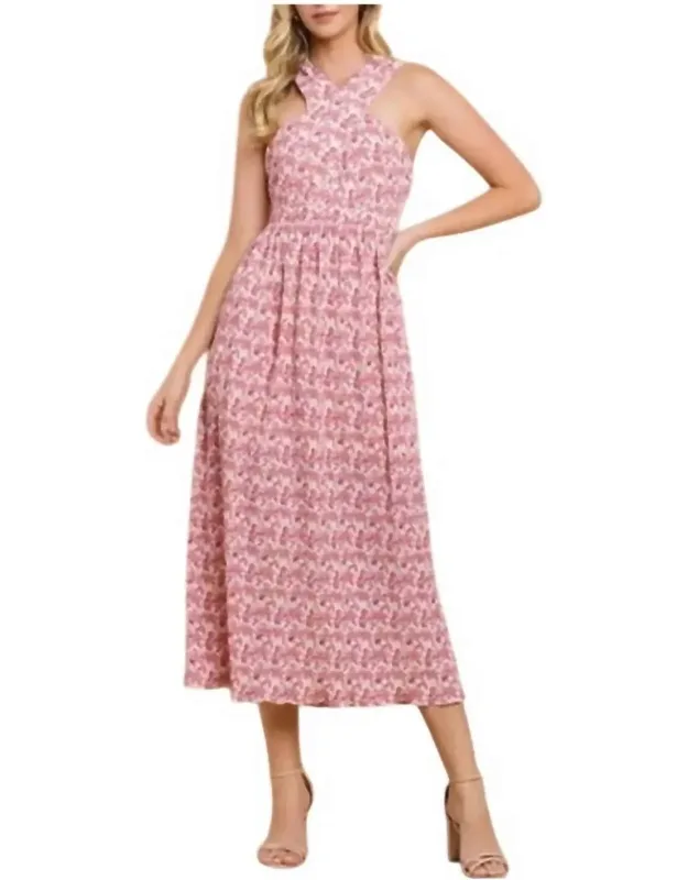 Printed Pleated Halter Midi Dress