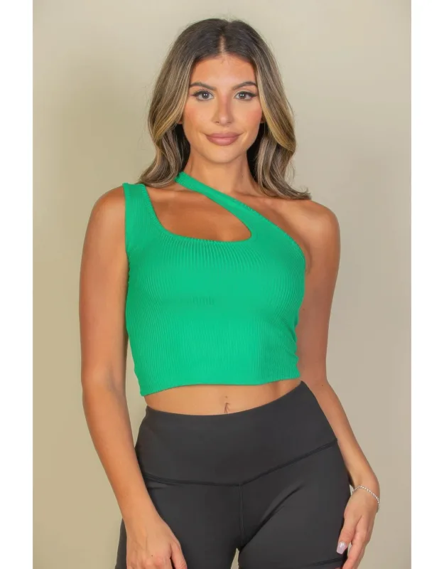Ribbed One Shoulder Cross Strap Crop Top