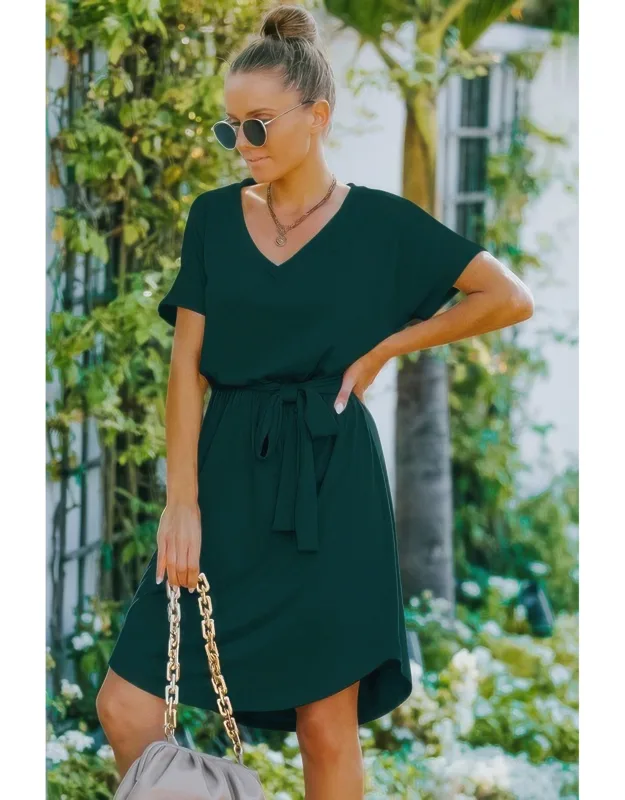 V Neck Waist Tie A Line Dress