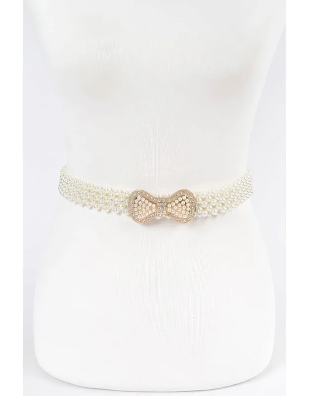 Elastic Pearl Waist Belt With Ribbon Buckle